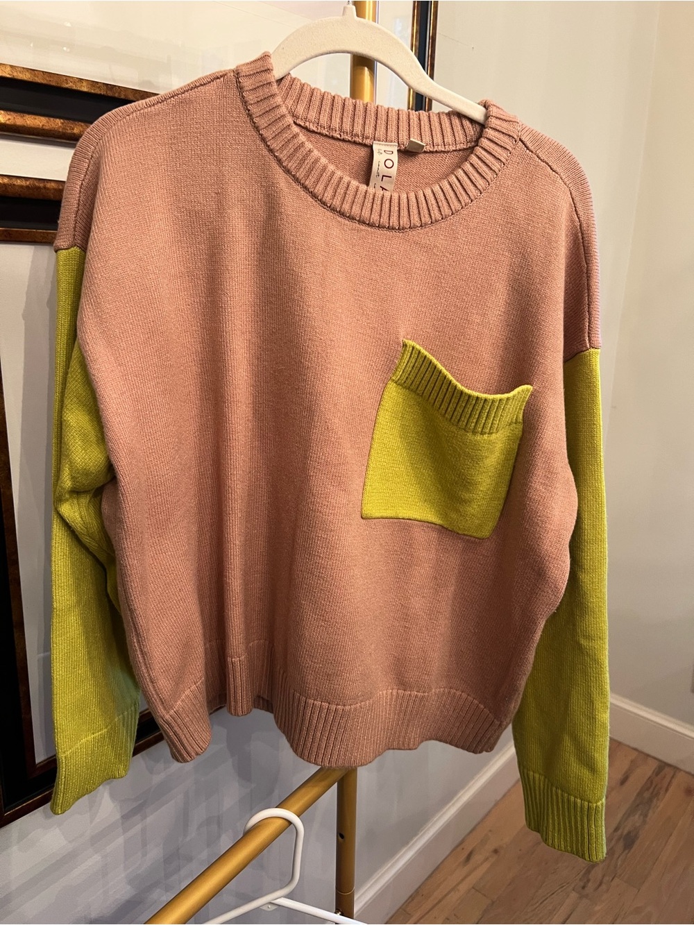 Dolan Anthropologie Tan and Lime Contrast Pocket Sweater- super soft